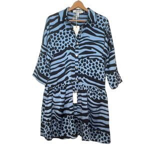 Liquorish Mini Oversized Dress Blue Black Animal Print Women's 6 Roll Tab Sleeve